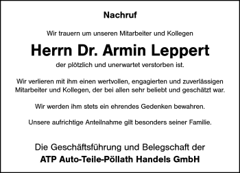 Traueranzeige von Armin Dr. Leppert von Frankenpost