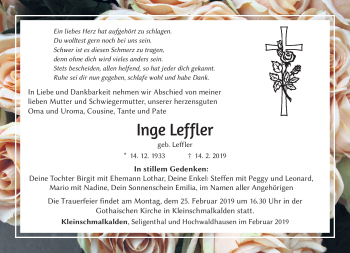 Traueranzeige von Inge Leffler von Südthüringer Presse