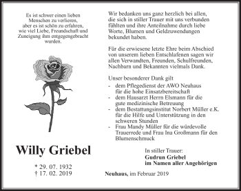 Traueranzeige von Willy Griebel von Südthüringer Presse