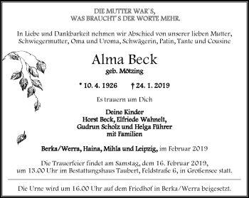 Traueranzeige von Alma Beck von Südthüringer Presse