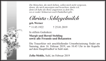 Traueranzeige von Christa Schlegelmilch von Südthüringer Presse