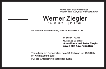Traueranzeige von Werner Ziegler von Frankenpost