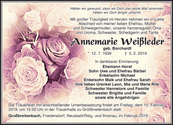 Traueranzeige von Annemarie Weißleder von Südthüringer Presse