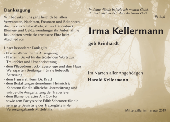 Traueranzeige von Irma Kellermann von Südthüringer Presse