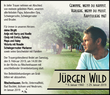 Traueranzeige von Jürgen Wild von Südthüringer Presse