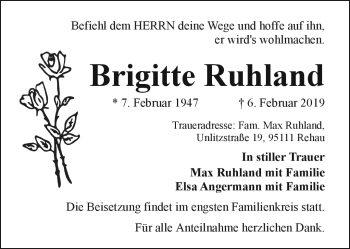 Traueranzeige von Brigitte Ruhland von Frankenpost
