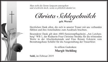 Traueranzeige von Christa Schlegelmich von Südthüringer Presse