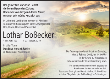 Traueranzeige von Lothar Boßecker von Südthüringer Presse