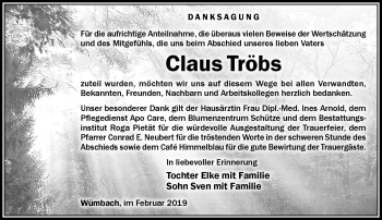 Traueranzeige von Claus Tröbs von Südthüringer Presse