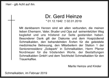 Traueranzeige von Gerd Dr. Heinze von Südthüringer Presse