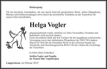 Traueranzeige von Helga Vogler von Südthüringer Presse