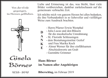Traueranzeige von Gisela Börner von Südthüringer Presse