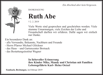 Traueranzeige von Ruth Abe von Südthüringer Presse
