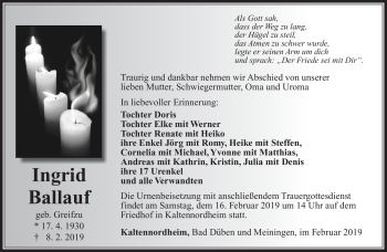 Traueranzeige von Ingrid Ballauf von Südthüringer Presse