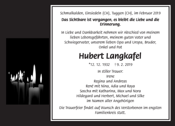Traueranzeige von Hubert Langkafel von Südthüringer Presse