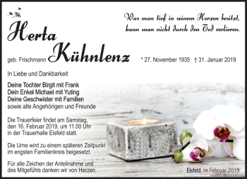 Traueranzeige von Herta Kühnlenz von Südthüringer Presse