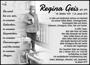 Traueranzeige von Regina Geis von Südthüringer Presse