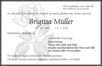 Traueranzeige von Brigitta Müller von Frankenpost