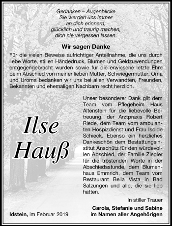 Traueranzeige von Ilse Hauß von Südthüringer Presse