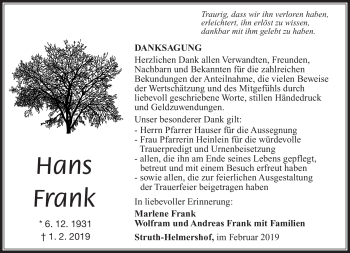 Traueranzeige von Hans Frank von Südthüringer Presse