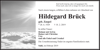 Traueranzeige von Hildegard Brück von Südthüringer Presse
