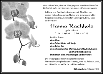 Traueranzeige von Hanna Rachholz von Südthüringer Presse