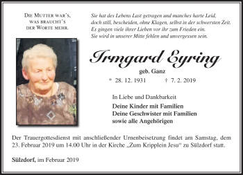 Traueranzeige von Irmgard Eyring von Südthüringer Presse