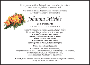 Traueranzeige von Johanna Mielke von Südthüringer Presse