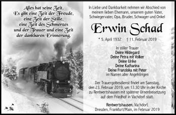 Traueranzeige von Erwin Schad von Südthüringer Presse