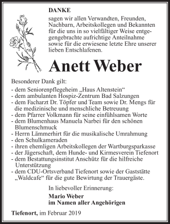 Traueranzeige von Anett Weber von Südthüringer Presse