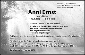 Traueranzeige von Anni Ernst von Südthüringer Presse