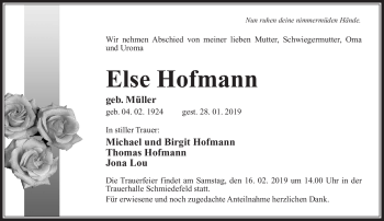 Traueranzeige von Else Hofmann von Südthüringer Presse