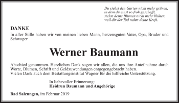 Traueranzeige von Werner Baumann von Südthüringer Presse