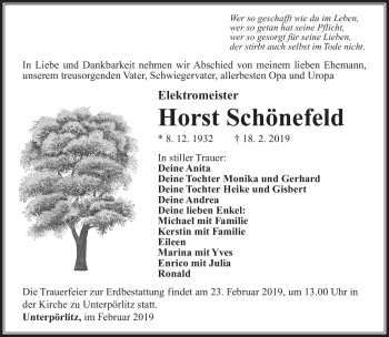 Traueranzeige von Horst Schönefeld von Südthüringer Presse