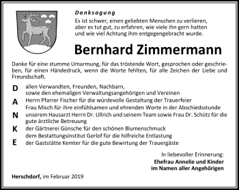 Traueranzeige von Bernhard Zimmermann von Südthüringer Presse