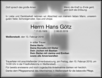 Traueranzeige von Hans Götz von Frankenpost