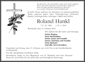 Traueranzeige von Roland Hankl von Frankenpost