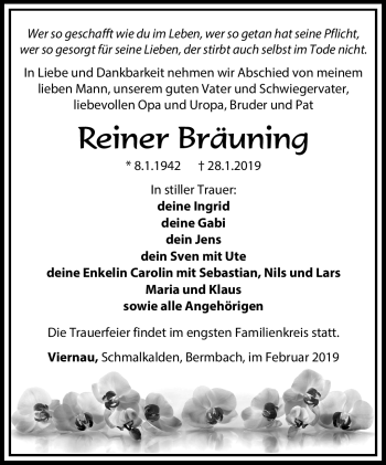 Traueranzeige von Reiner Bräunig von Südthüringer Presse