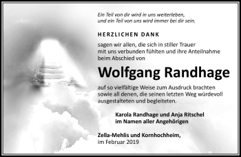 Traueranzeige von Wolfgang Randhage von Südthüringer Presse