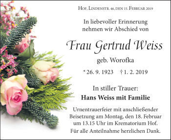 Traueranzeige von Gertrud Weiss von Frankenpost