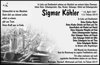 Traueranzeige von Sigmar Köhler von Südthüringer Presse