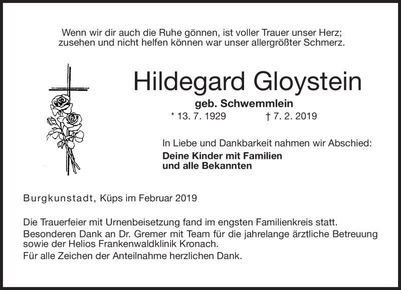  Traueranzeige für Hildegard Gloystein vom 23.02.2019 aus Neue Presse Coburg