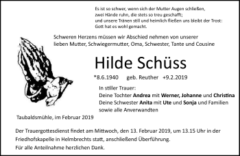 Traueranzeige von Hilde Schüss von Frankenpost