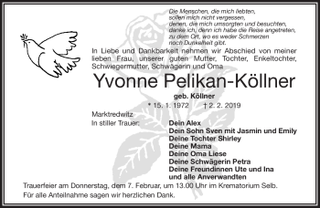 Traueranzeige von Yvonne Pelikan-Köllner von Frankenpost