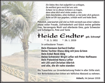 Traueranzeige von Heide Endter von Südthüringer Presse