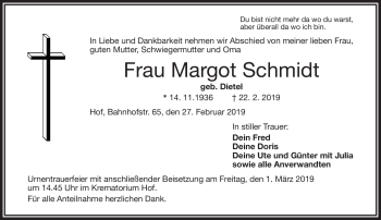 Traueranzeige von Margot Schmidt von Frankenpost