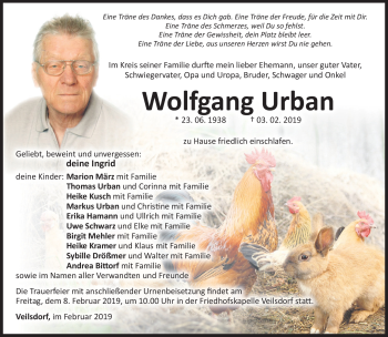 Traueranzeige von Wolfgang Urban von Südthüringer Presse