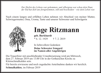Traueranzeige von Inge Ritzmann von Südthüringer Presse