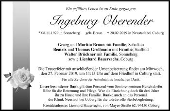 Traueranzeige von Ingeburg Oberender von Neue Presse Coburg