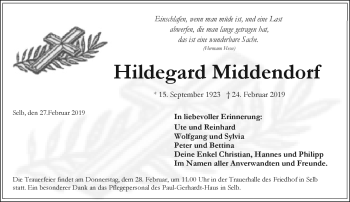Traueranzeige von Hildegard Middendorf von Frankenpost